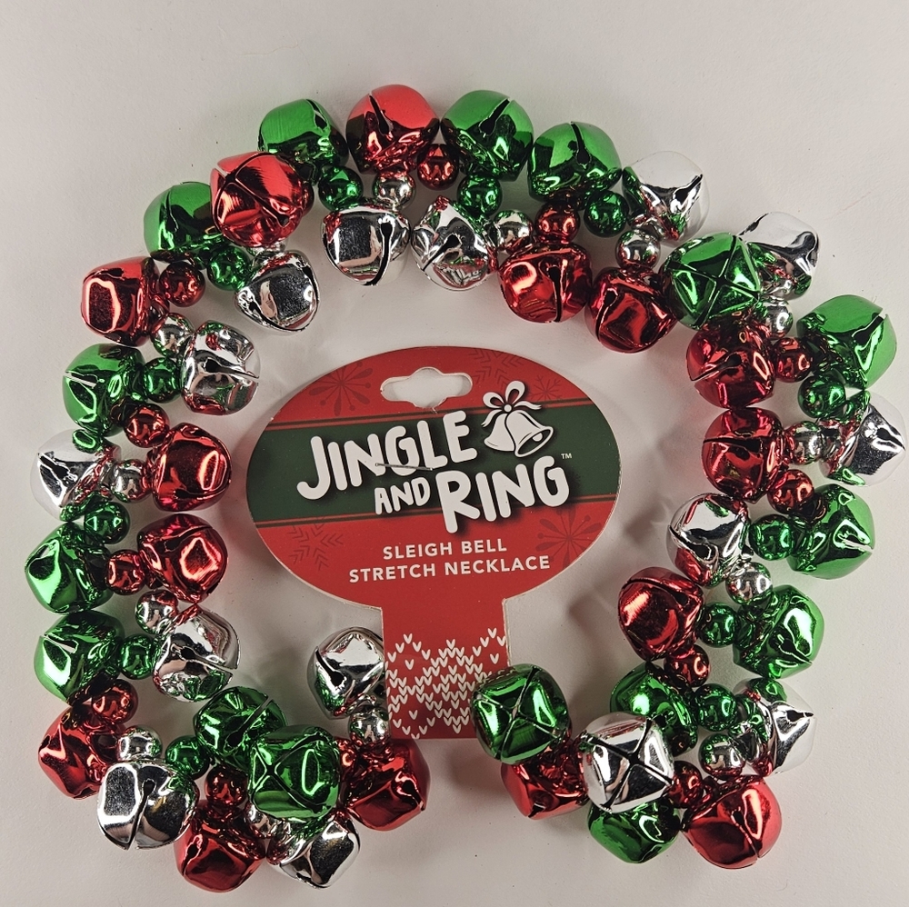 Jingle And Ring Sleigh Bell Stretch Necklace  Green Red Silver Christmas Holiday